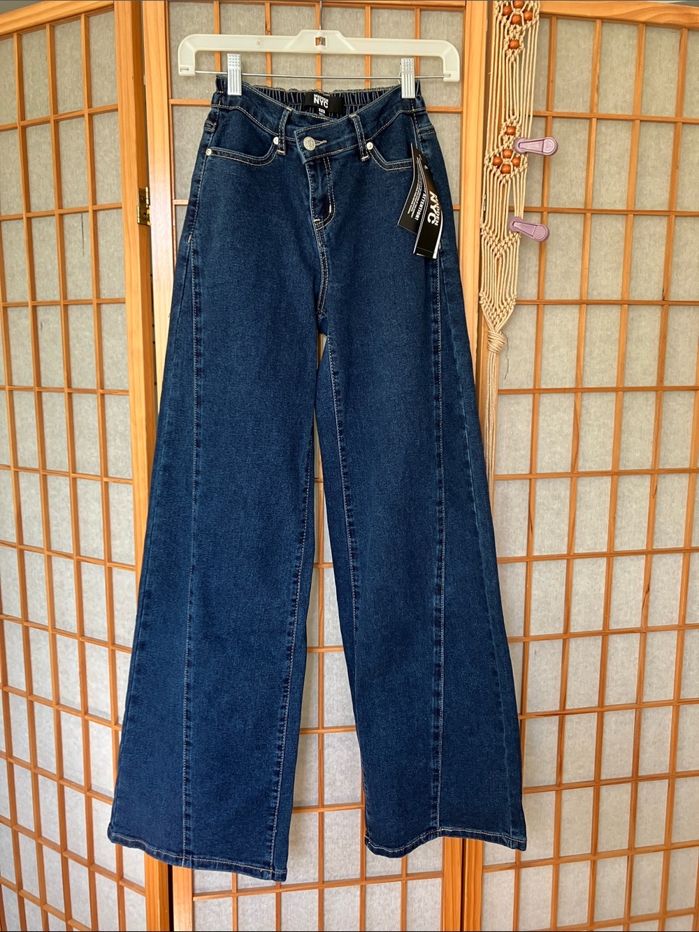 Madden NYC Dark Indigo Wide Leg Diagonal Front Seam Crossover Waist Size XXS